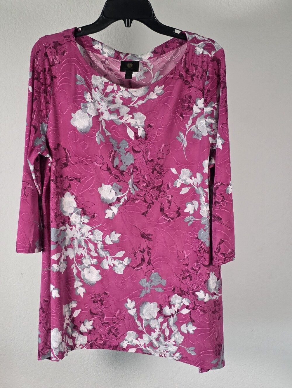 JM Collection Women L Pink Floral Tunic 3/4 Sleeve Stretch Embroidered Blouse